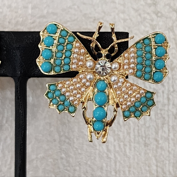 Turquoise and Gold Butterfly Statement Earrings with Pearl Accents - Picture 2 of 6